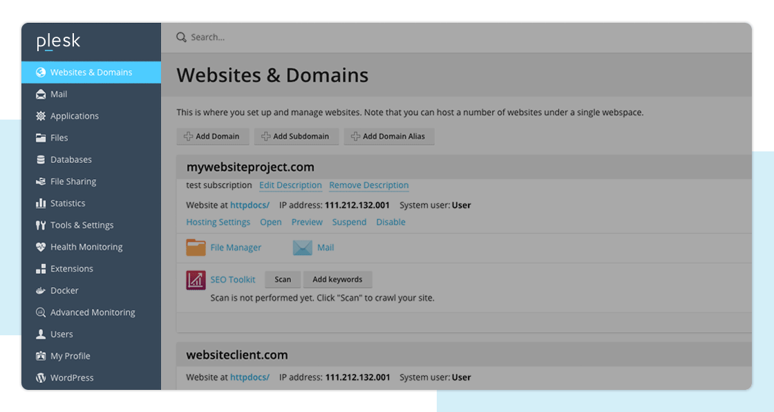 Plesk Dashboard